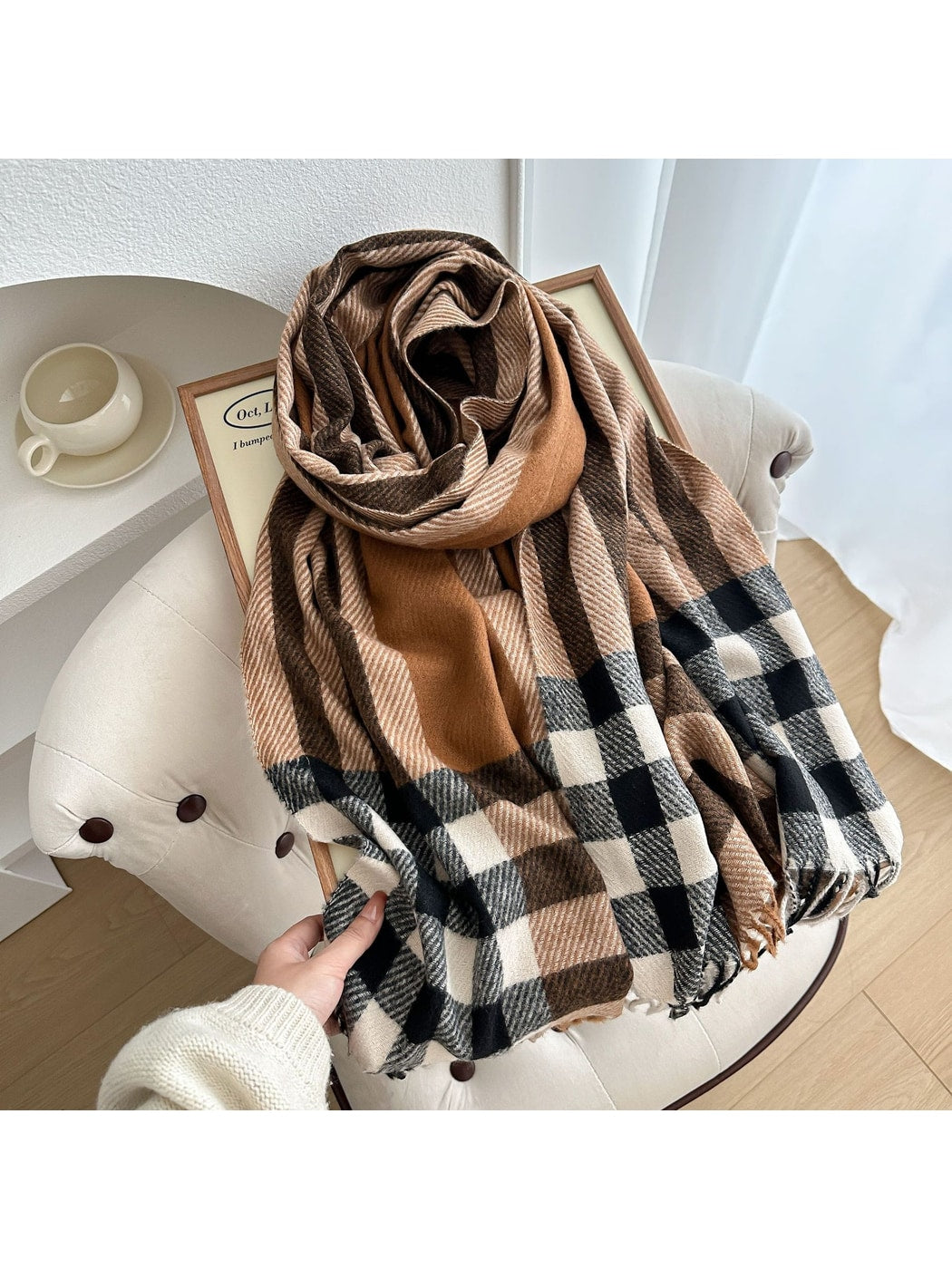 Scarvii - Checked Colorblock Tassel Shawl Scarf