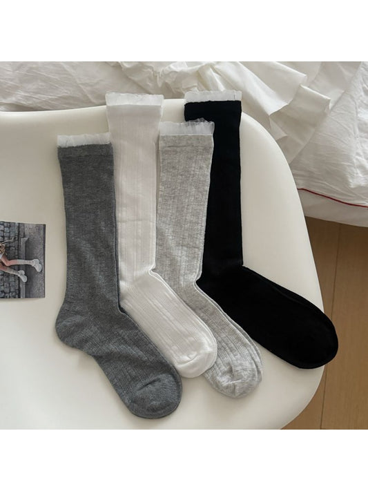 Rufia - Elegant Solid Color Ribbed Openwork Mid-calf Socks