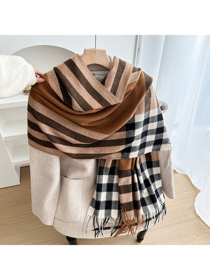 Scarvii - Checked Colorblock Tassel Shawl Scarf