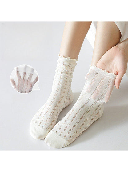 Rufia - Solid Color Openwork Ribbed Ruffle Cuff Crew Socks