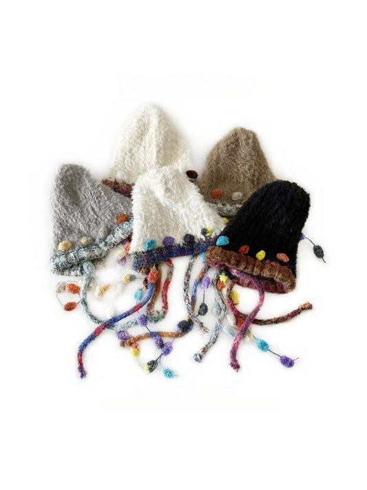 Haila - Winter Knitted Beanie with Pompom & Tassel Braids