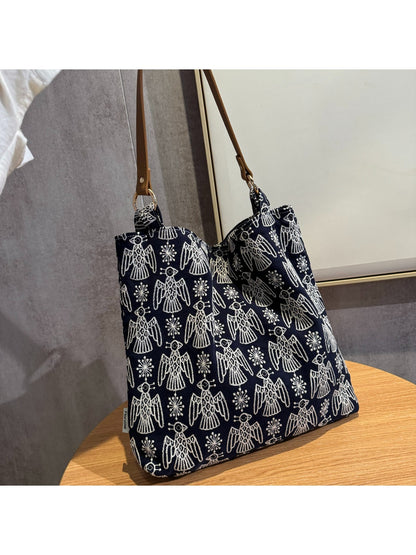 Cosbai - Bird Motif Embroidered Retro Tote Bag