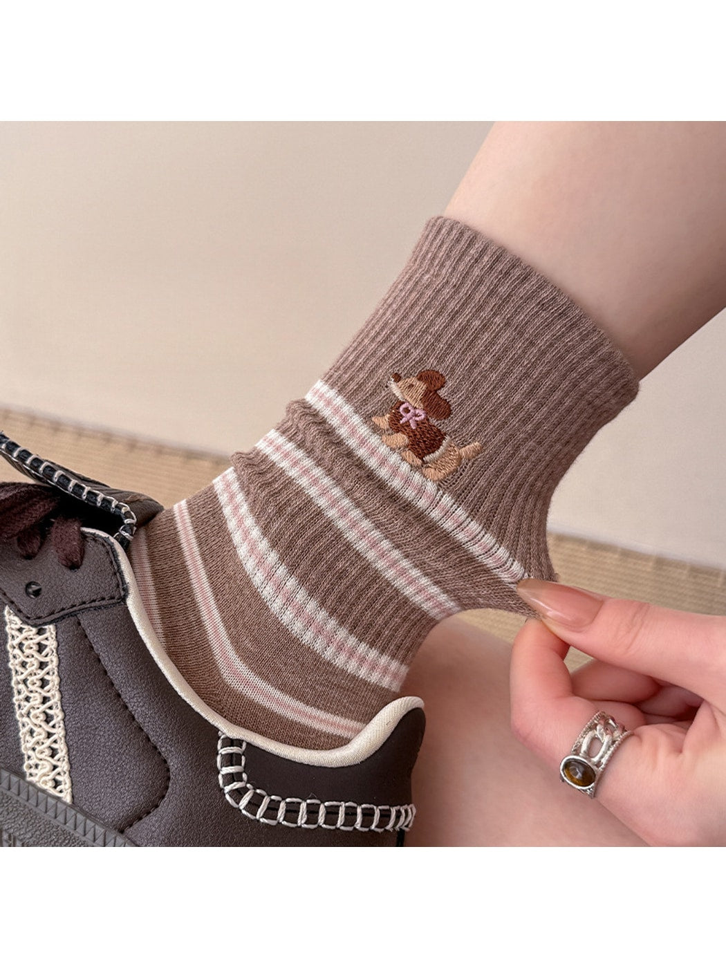 Rufia - Cute Dog Pattern Striped Crew Socks