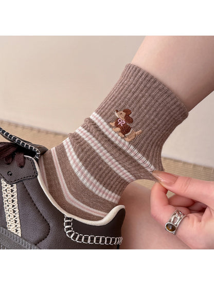 Rufia - Cute Dog Pattern Striped Crew Socks