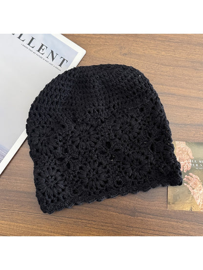 Haila - Openwork Floral Round Crown Knit Hat