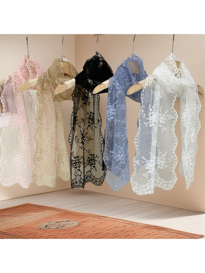 Scarvii - Floral Embroidery Long Lace Scarf