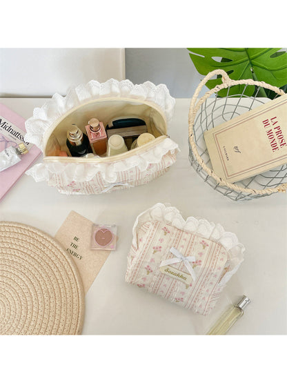 Cosbai - Floral Stripe Ruffle Trim Bow Pouch