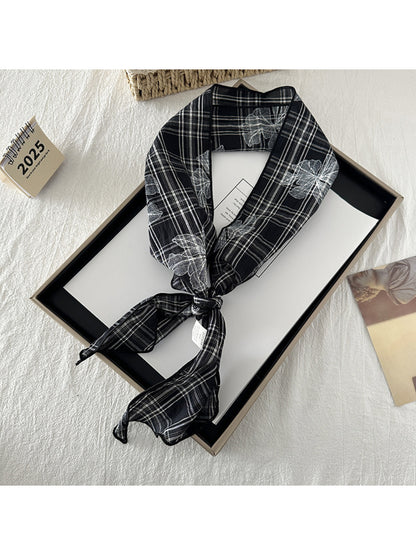 Scarvii - Plaid Floral Outline Narrow Scarf