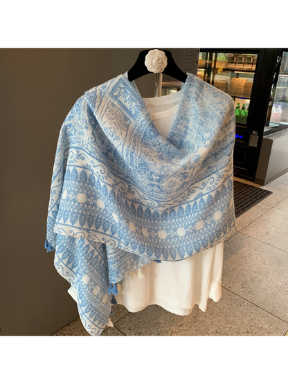 Scarvii - Floral Geometric Print Tassel Scarf