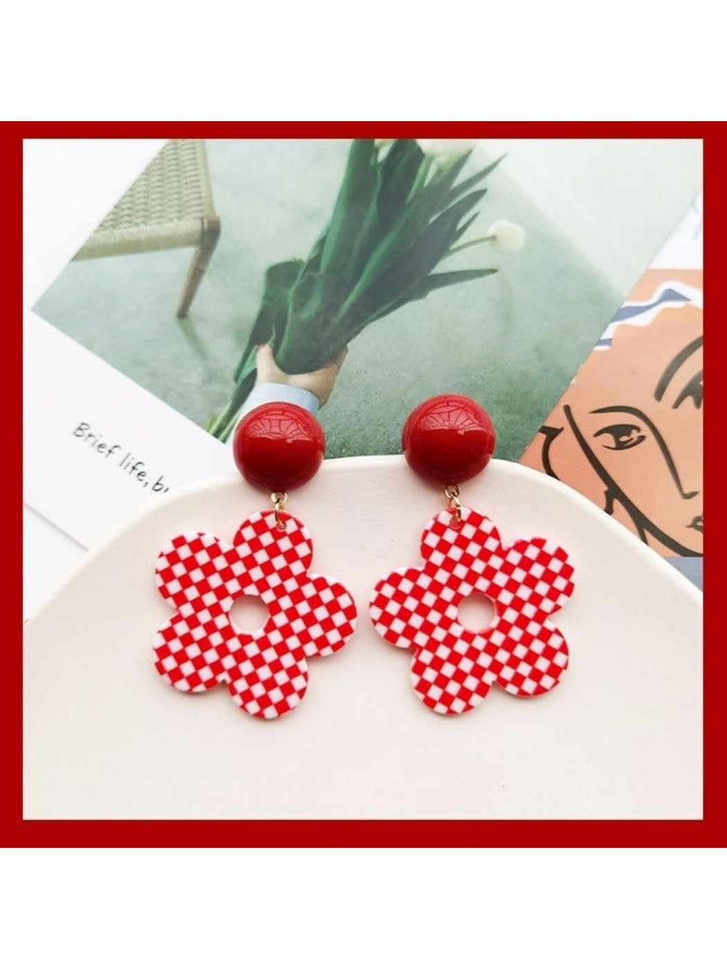 Earwish - Checkerboard Flower Drop Earrings