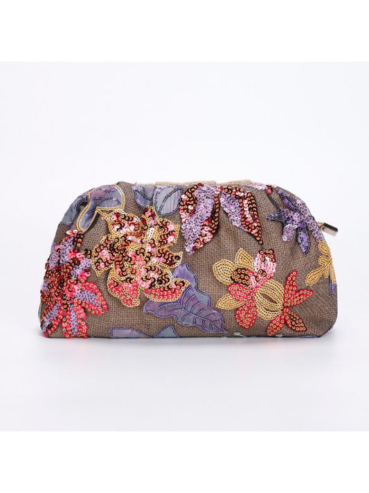 Cosbai floral sequin evening clutch bag with multicolor flower design on black background