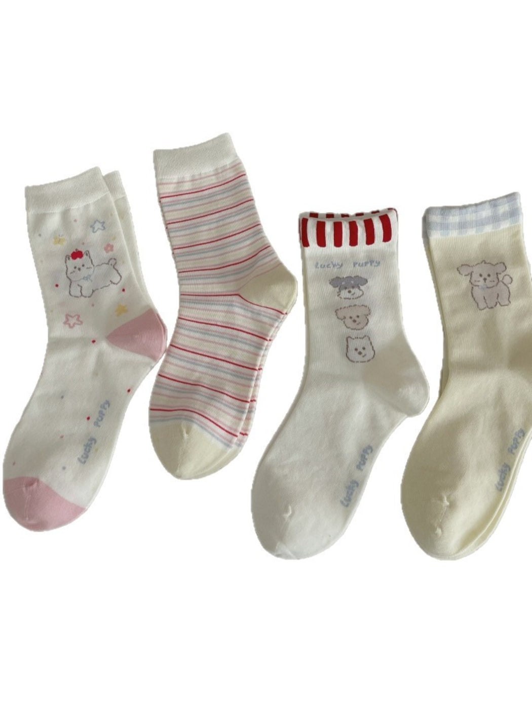 Rufia dog mid-calf socks displayed flat showing full length and design
