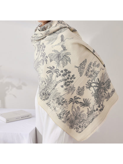 Scarvii - Botanical Bird and Butterfly Fringed Scarf
