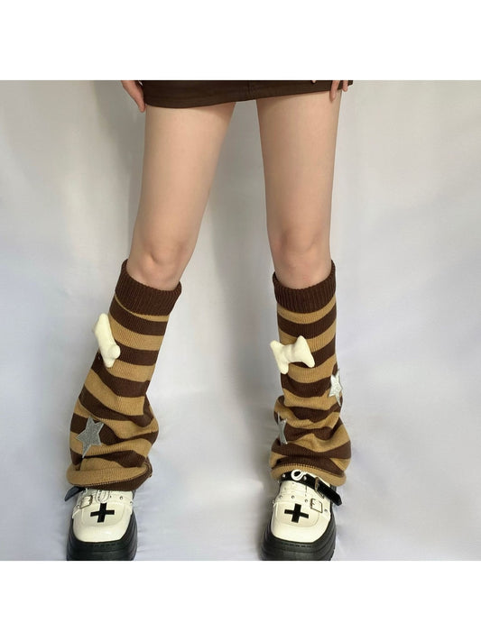 Cozyra - Bone and Star Detail Striped Knit Leg Warmers
