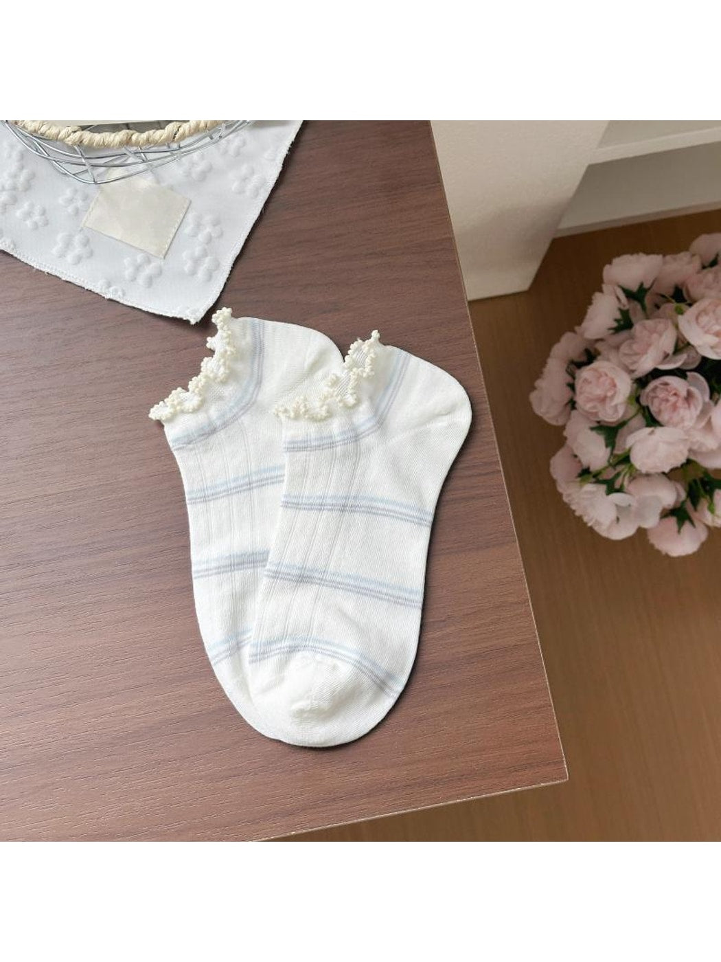 Rufia - Cartoon Dog Embroidered Striped Ankle Socks