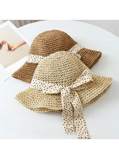 Haila - Polka Dot Bow Round Crown Women's Sun Hat