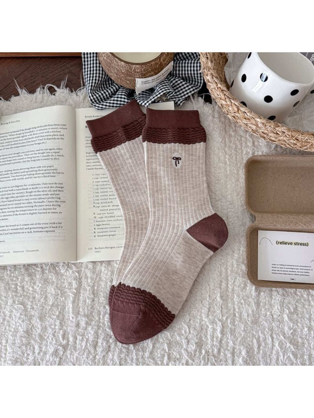 Rufia embroidered ribbon ribbed slouch socks worn with rolled-up pants showing slouch fit