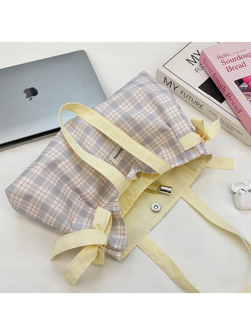 Cosbai - Plaid Bow Tie Detail Tote Bag