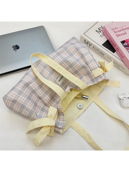 Cosbai - Plaid Bow Tie Detail Tote Bag
