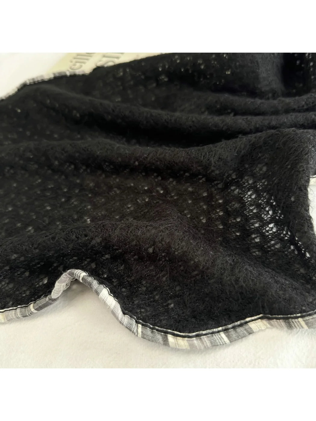 Scarvii - Plaid-Trim Openwork Triangle Scarf