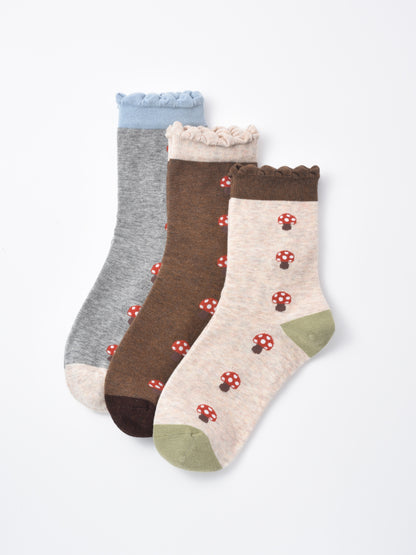 Rufia - Mushroom Print Ruffle Crew Sock