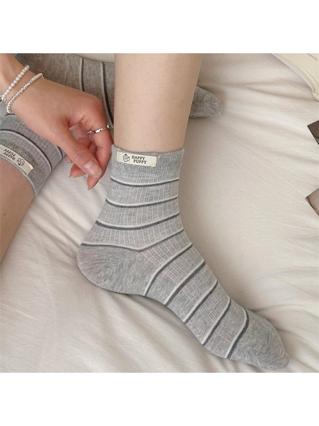 Rufia - Ruffle Cuff Patterned Casual Crew Socks