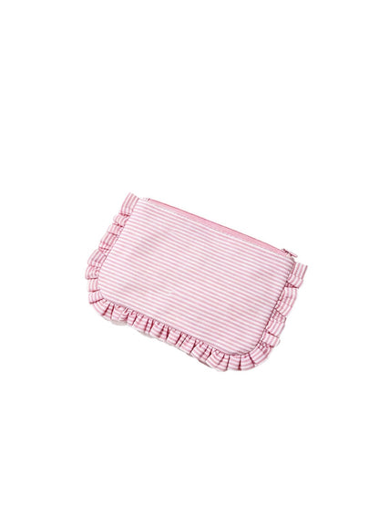 Cosbai - Pastel-toned Striped Ruffle Trim Zip Pouch