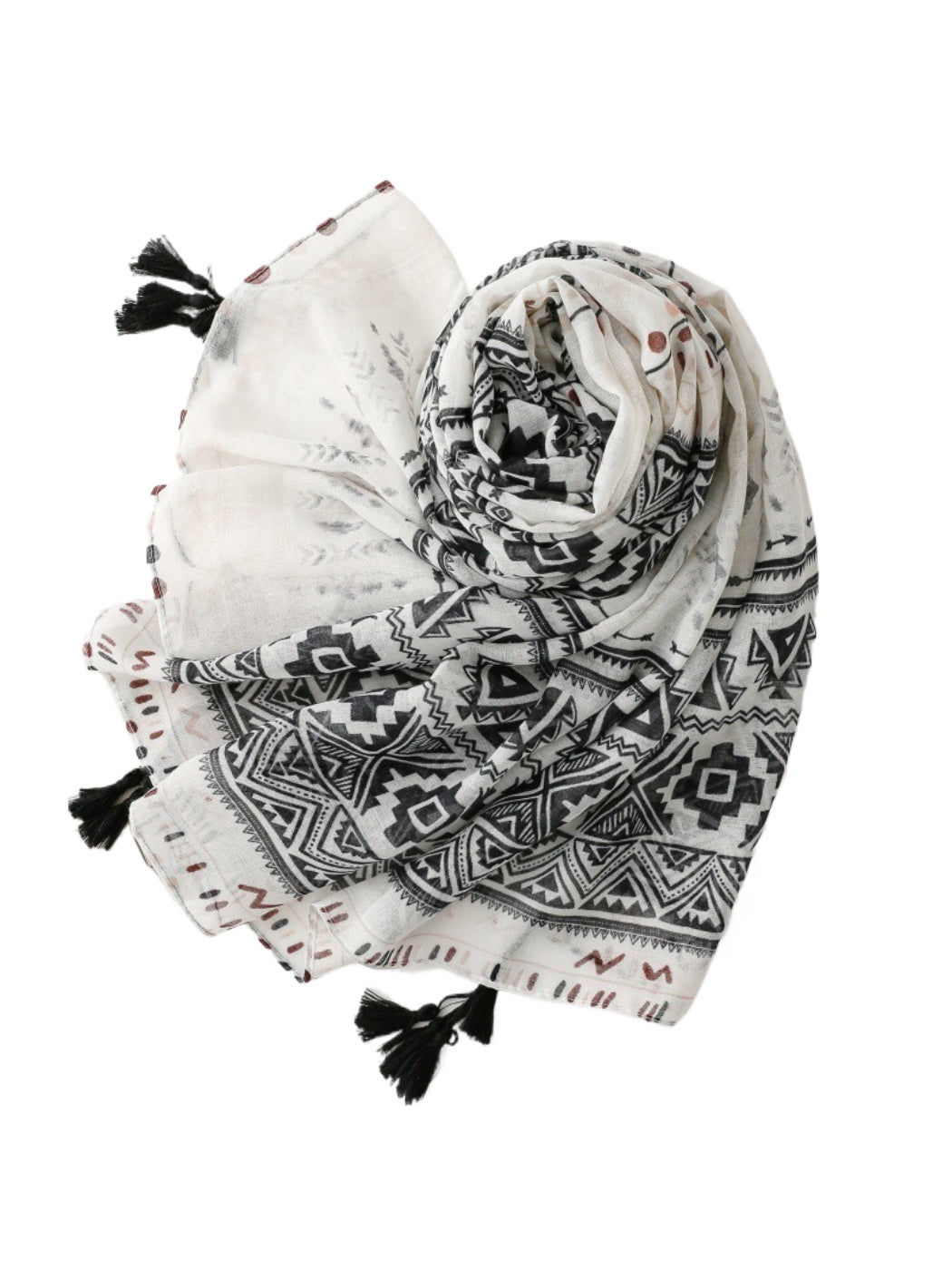 Scarvii - Ivory Geometric Band Tassel Wrap Scarf