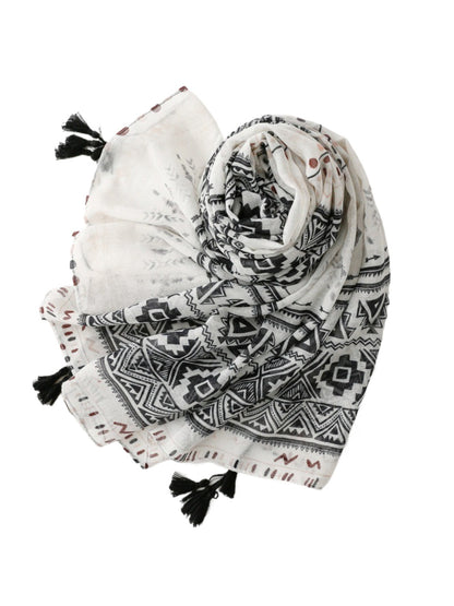 Scarvii - Ivory Geometric Band Tassel Wrap Scarf