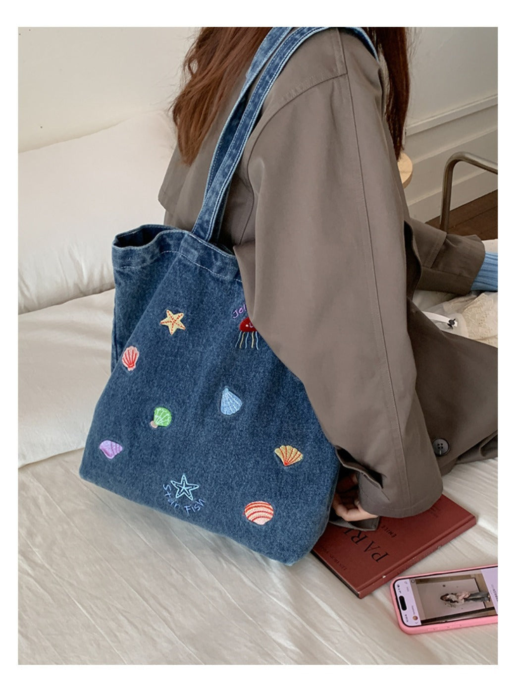Cosbai - Denim Embroidery Tote Bag for Women