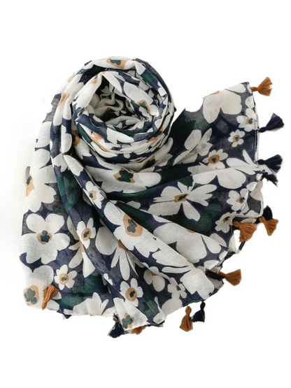 Scarvii - Navy Daisy Tassel Wrap Scarf