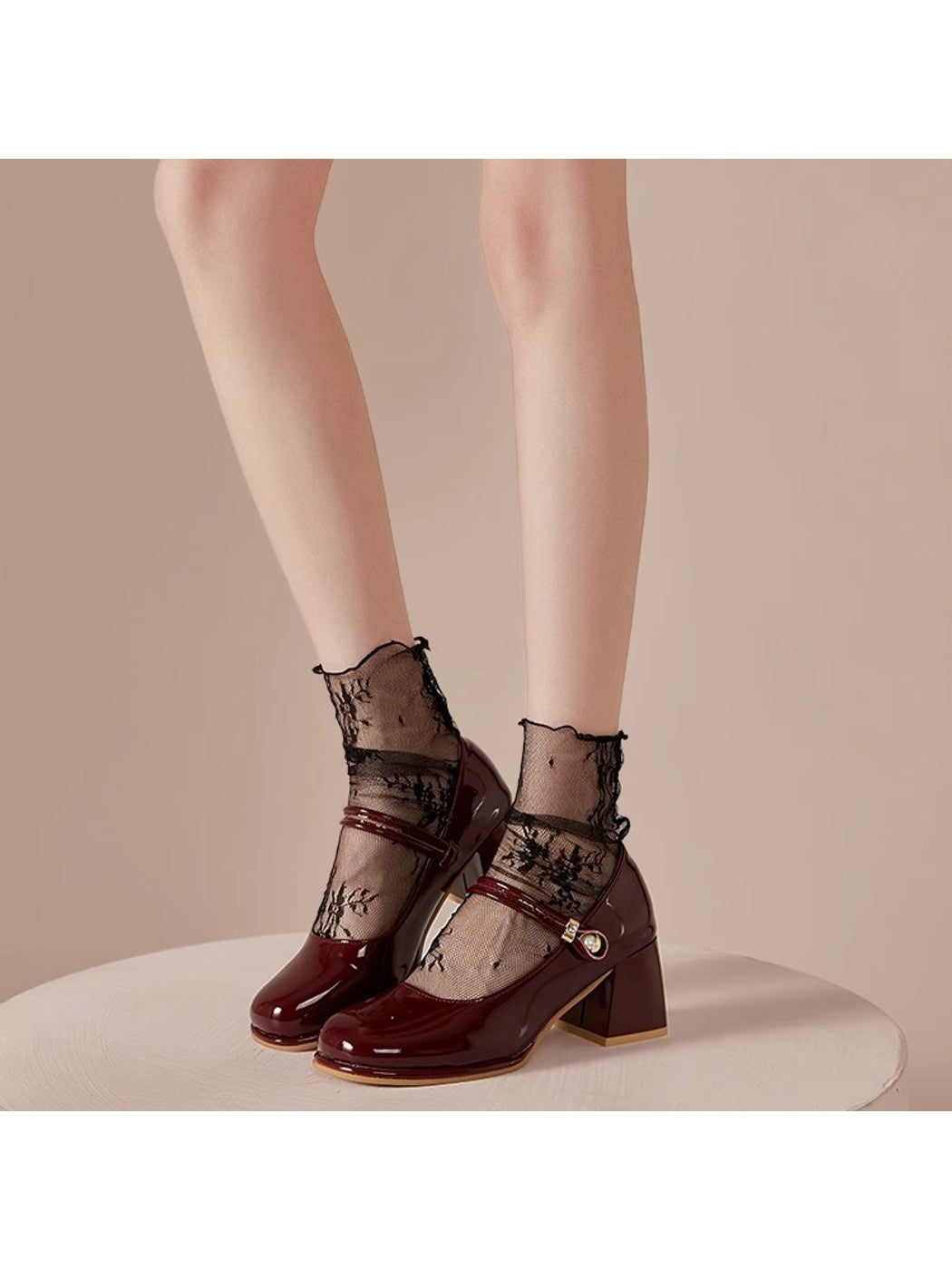 Rufia - Sheer Lace Floral Pattern Crew Socks