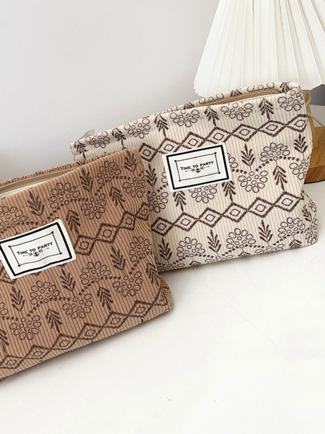 Cosbai - Fabric Geometric & Floral Print Pouch Bag with Zipper