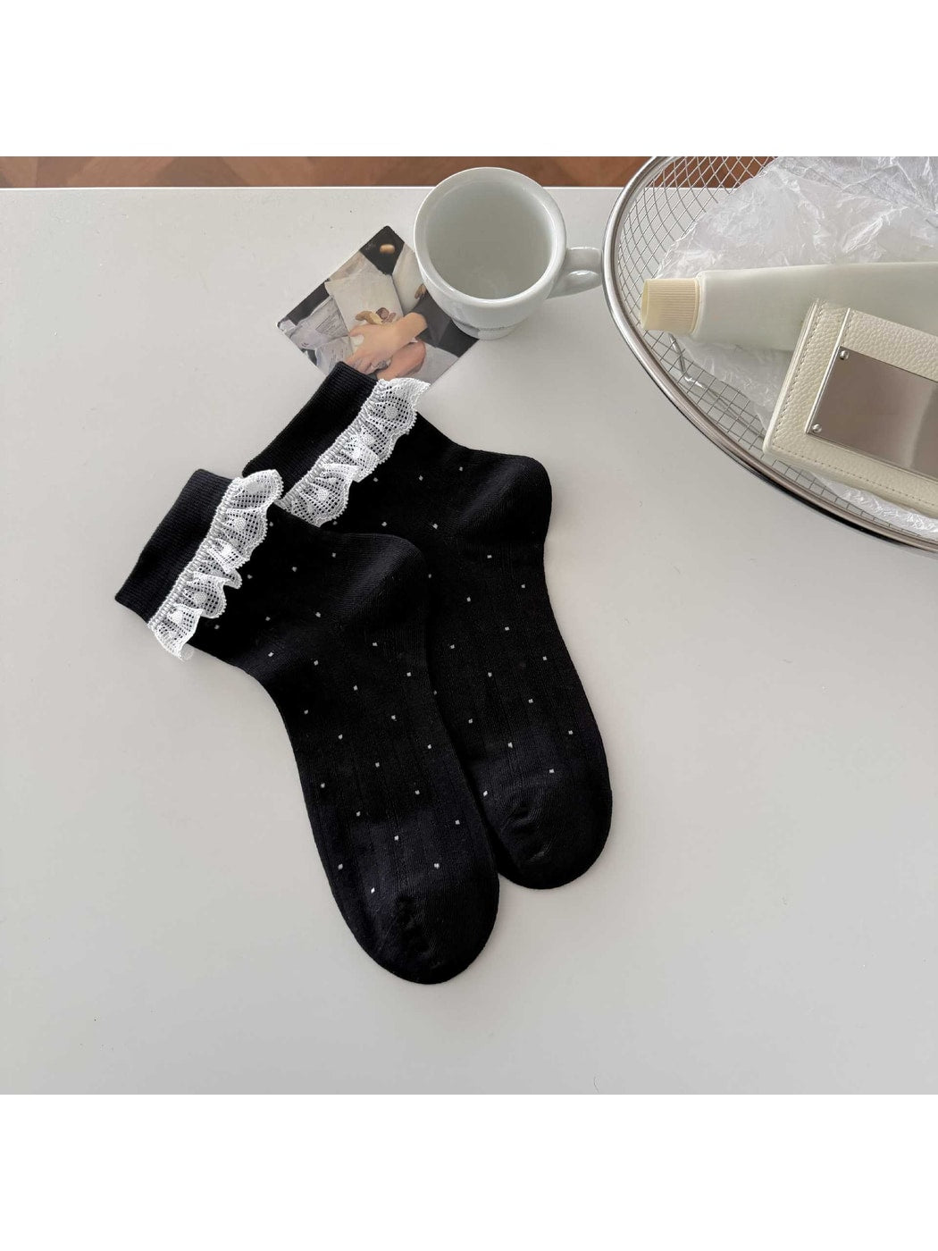 Rufia - Polka Dot Lace Trim Sweet Style Crew Socks