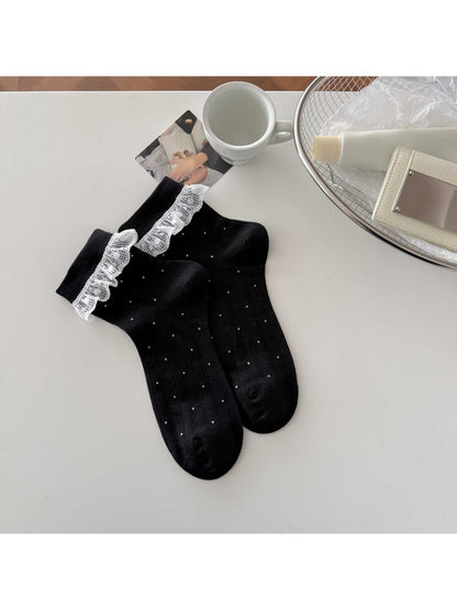 Rufia - Polka Dot Lace Trim Sweet Style Crew Socks