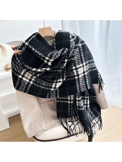 Scarvii - Contrast-Line Plaid Fringed Winter Scarf