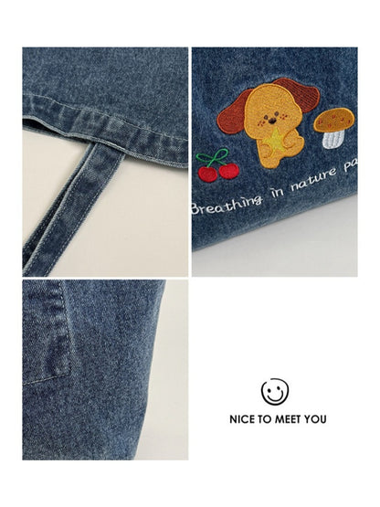 Cosbai - Denim Embroidery Tote Bag for Women