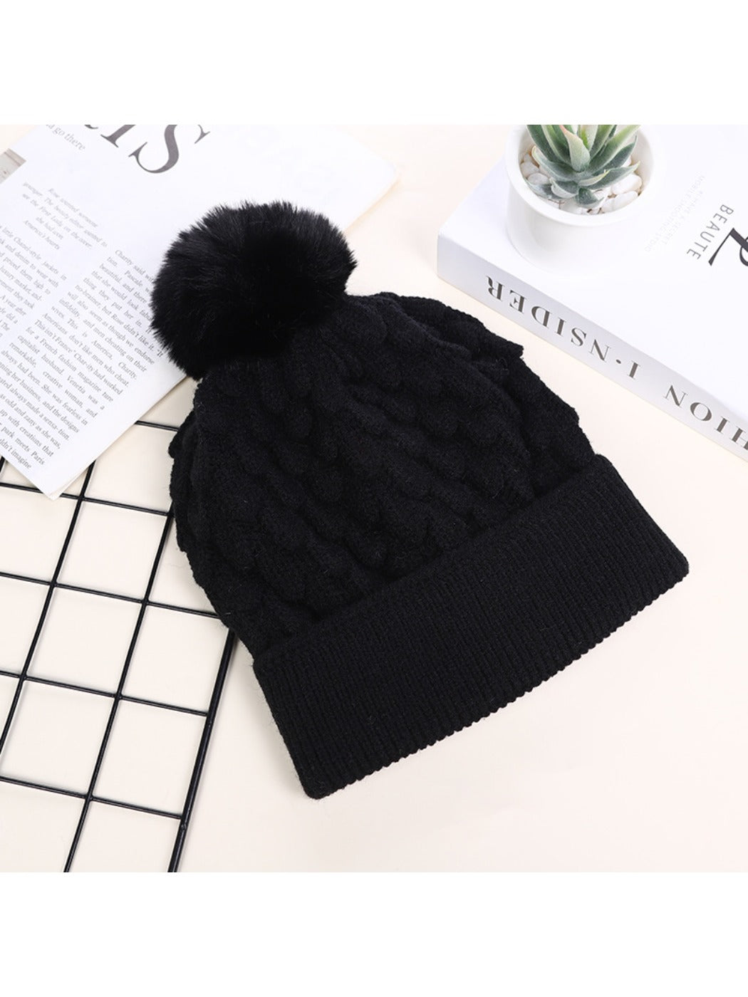 Haila - Unisex Knitted Beanie with Plush Pompom