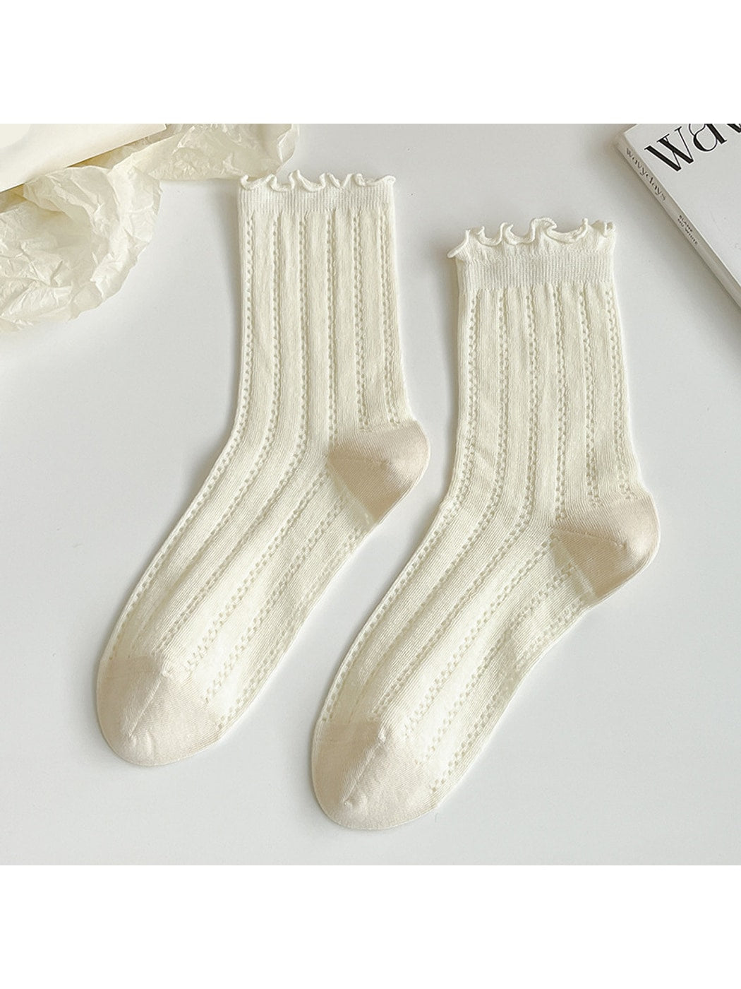 Rufia - Solid Color Openwork Ribbed Ruffle Cuff Crew Socks