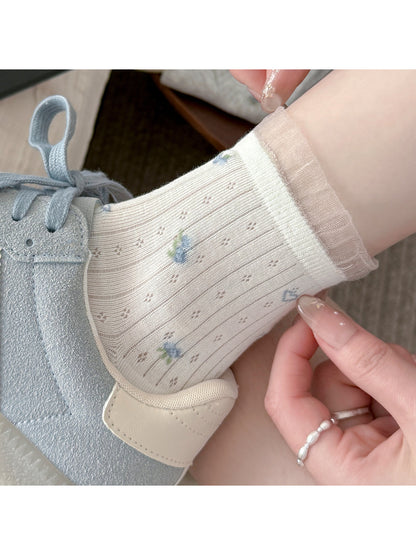 Close-up of Rufia sheer crew sock showing delicate ruffle hem detail
