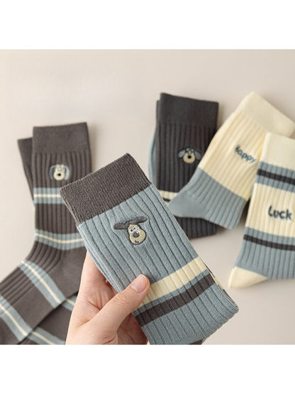 Rufia - Winter Mid-Calf Socks with Puppy & Letter Embroidered
