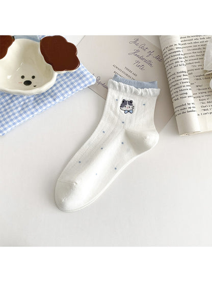 Rufia - Cute Cat Embroidery Polka Dot Ankle Socks