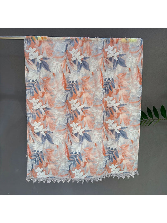 Scarvii - Floral Print Lace Trim Lightweight Wrap Scarf
