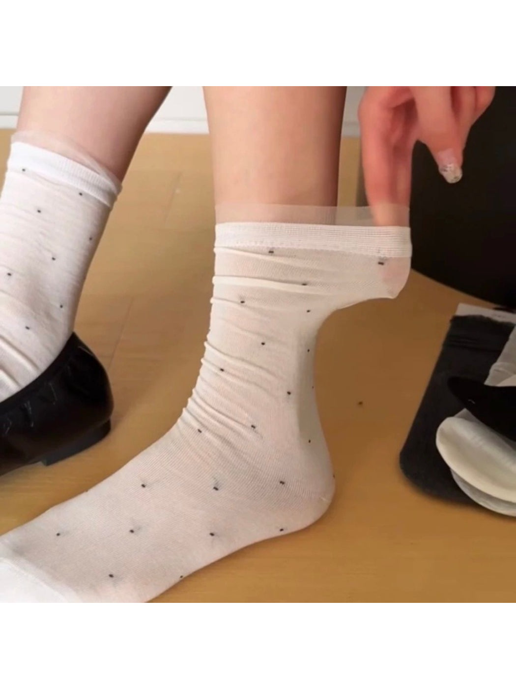 Rufia soft polka dot mesh socks displayed flat on white background