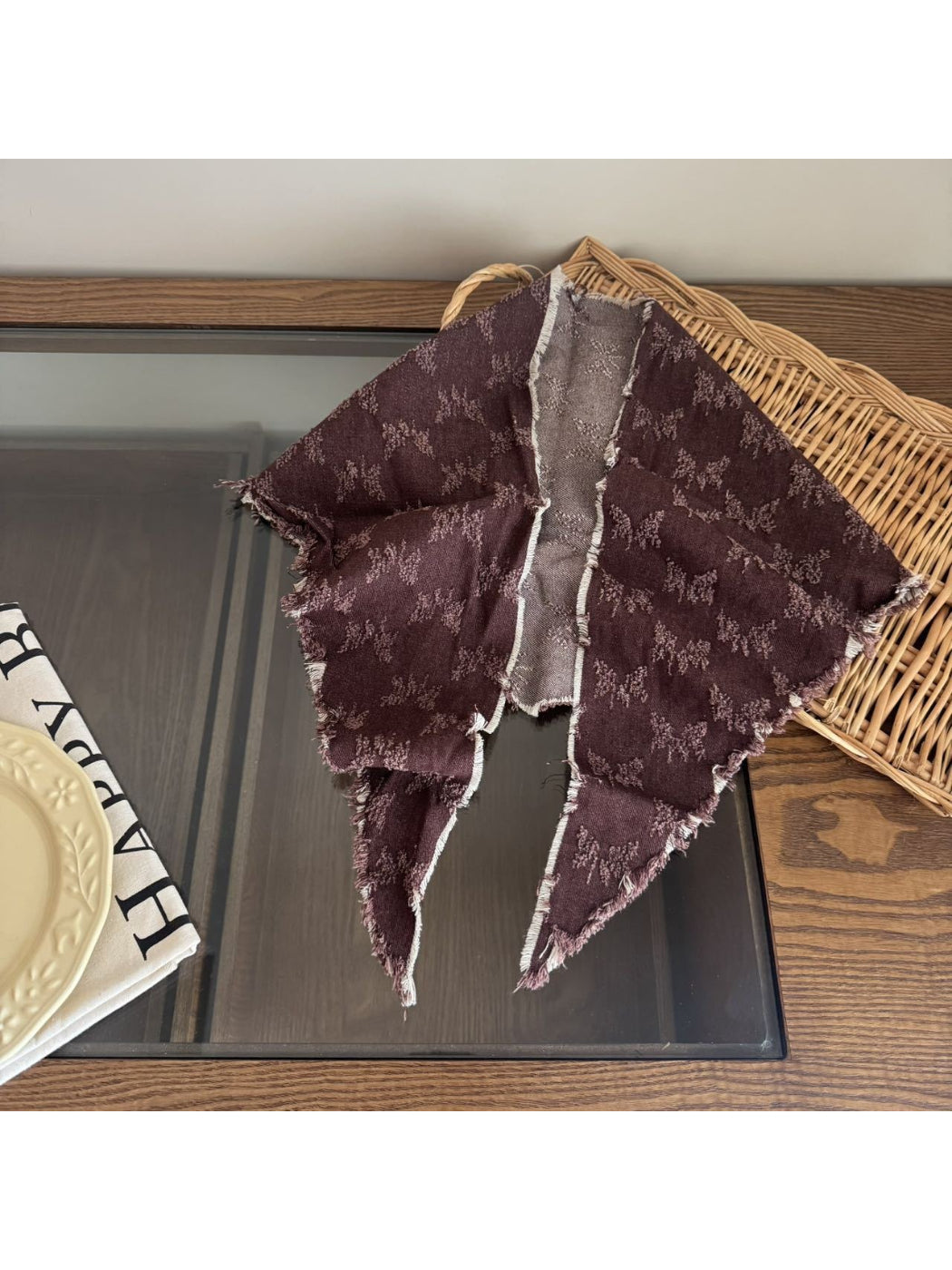 Scarvii floral bandana scarf styled around a mannequin neck with frayed edges visible