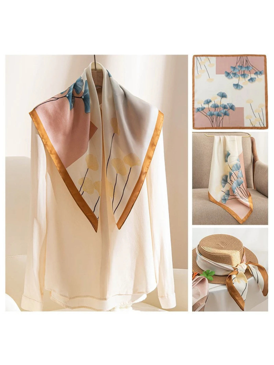 Scarvii - Ginkgo Leaf Print Square Scarf
