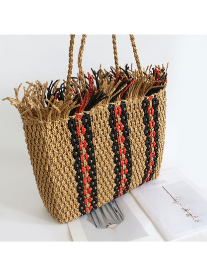Cosbai - Fringe Stripe Straw Tote Bag - image 4