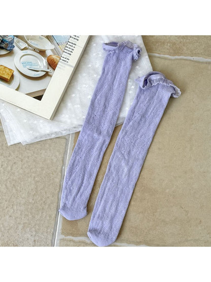 Rufia - Floral Hollow Out Lace Trim Crew Socks