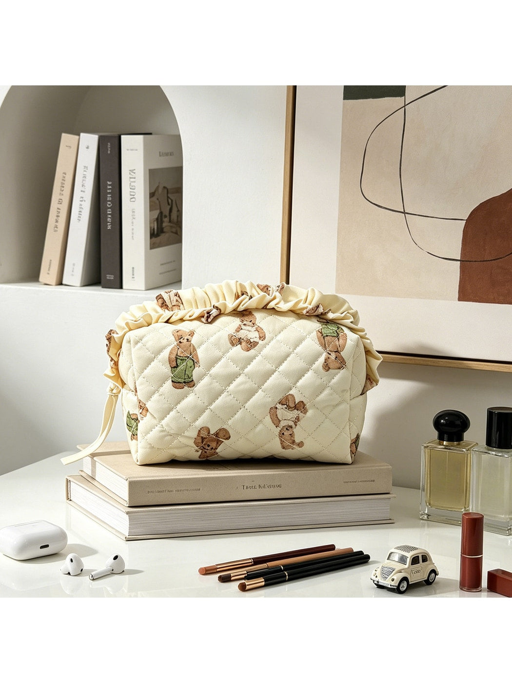 Cosbai - Ruffle Trim Quilted Cosmetic Organizer Bag