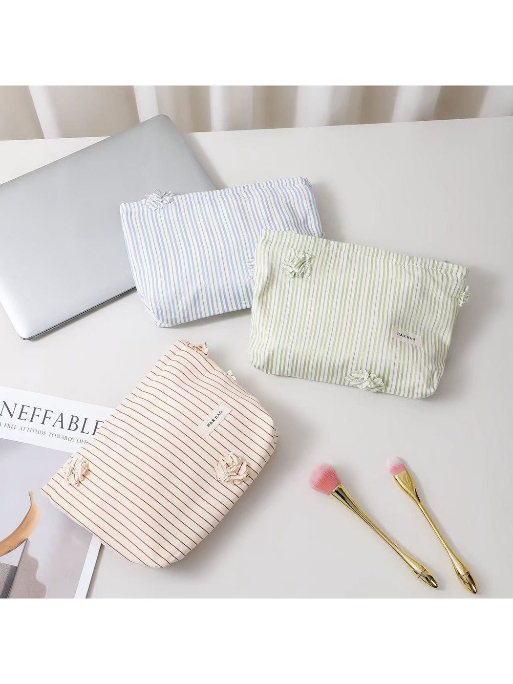Cosbai - Floral Decorative Stripes Print Makeup Bag
